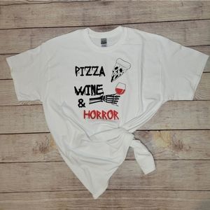 Pizza wine & horror skull graphic tee shirt